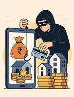 A masked hacker steals data from a mobile phone displaying rupee coins and credit cards, symbolizing cyber fraud and financial theft vector