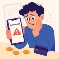 A worried person holding a smartphone displaying a banking app error, with coins and a credit card on the table vector