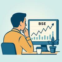 Man analysing rising BSE stock chart on computer screen, representing financial planning, market trends vector