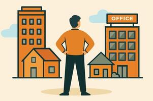 Person standing in front of different property types, representing diverse real estate investment vector