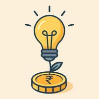 A glowing lightbulb grows from a coin, symbolising smart, innovative investment ideas and financial growth vector