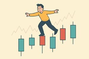 Man balancing on candlestick chart bars, symbolising navigating the ups and downs of the stock market vector