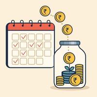 A calendar with coins falling into a jar monthly, symbolising SIP and systematic investing for wealth growth vector