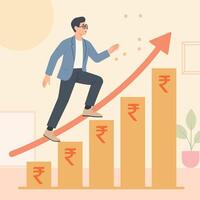 A character climbs an upward financial chart with rupee symbols, symbolising steady investment growth and long-term returns vector