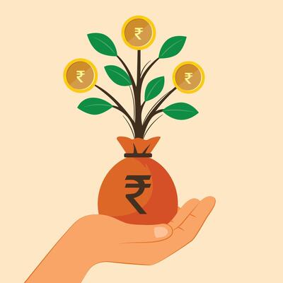 A rupee bag rests at the base of a tree, with coins growing as fruits on its branches, savings and investment growth