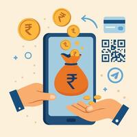 A mobile phone screen displays a rupee bag with coins flowing in and out, surrounded by QR codes and payment icons, symbolising digital transactions vector