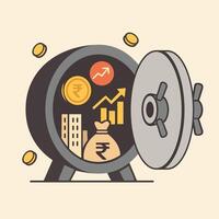 A secure vault opens to reveal icons like buildings, stocks, rupee coins, and graphs, symbolising safe and diversified assets vector