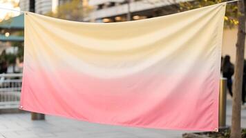 Soft gradient fabric banner in warm tones of yellow and pink, gently swaying in the breeze, creating a serene atmosphere in an outdoor urban setting with blurred background elements photo