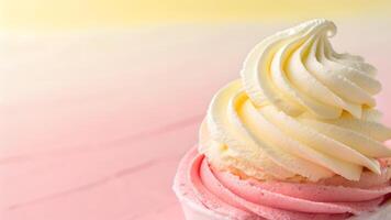 Delicious ice cream swirl in pink and white, topped with creamy frosting, presented in a cup against a soft pastel background, evoking a sense of indulgence and sweetness photo