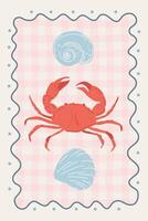 Doodle style illustration. Sea shells and crab on checkered background in wavy frame. Sketch of dolce vita style poster. vector