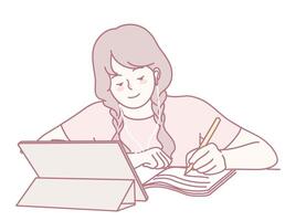A Student Actively Engaged in Learning While Using a Tablet and Notebook for Studies vector