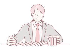 Businessman Using Dominoes for Strategic Planning Highlighting Planning and Strategy Execution vector
