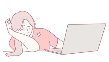 A Bored Young Woman Working on Her Laptop While Experiencing Various Emotions and Thoughts vector