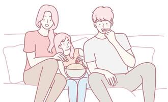 Enjoying Quality Family Time Bonding Over Tasty Snacks While Relaxing on the Couch Together vector