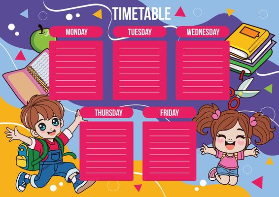 school time table with happy boy and girl
