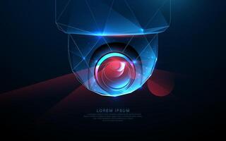 Futuristic polygonal surveillance camera with glowing lens and red laser beams vector