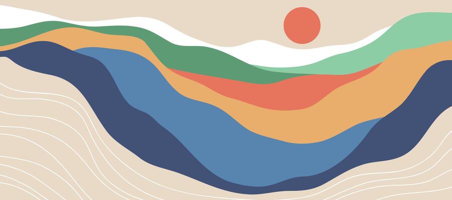 Mountain colors, vintage color waves, sunset, abstract glass shapes, modern background, mountain design illustration