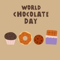 World chocolate day. Muffin, donut, cookie, chocolate bar. Flat design. Flat design. Brown background. vector