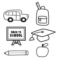 Set of outline elements. Back to school. School bus, backpack, blackboard, student cap, pencil, ruler, apple. illustrations. Isolated icons. vector