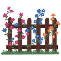 Vibrant floral fence illustration offers rustic charm, providing versatile floral elements. Use for garden, spring, floral design projects today vector