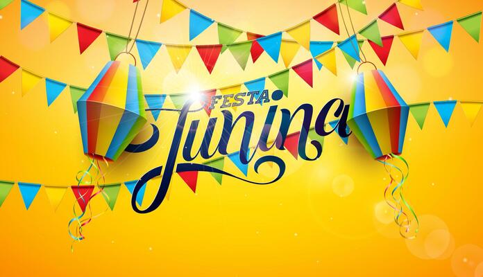 Festa Junina Banner Design with Party Flags, Paper Lantern and Typography Lettering on Yellow Falling Confetti Background. Brazil Sao Joao June Festival Illustration for Greeting Card, Banner