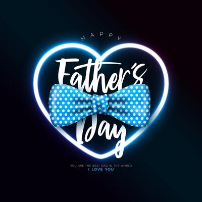 Happy Father's Day Greeting Card Design with Glowing Neon Light Heart Shape, Dotted Bow Tie and Typography Lettering on Blue Background. Celebration Illustration for Loved and Best Dad