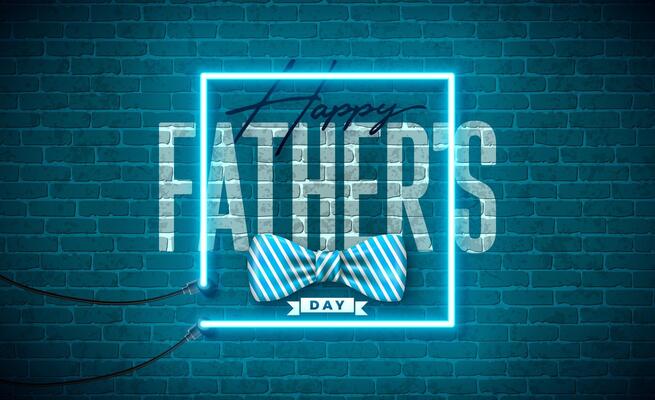 Happy Father's Day Greeting Card Design with Dotted Bow Tie and Glowing Neon Light Lettering on Brick Wall Background. Celebration Illustration for Loved and Best Dad. Template for Banner, Post