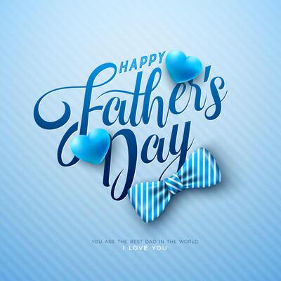 Happy Father's Day Greeting Card Design with Striped Bow Tie, Heart and Typography Lettering on Light Blue Background. Celebration Illustration for the Best Dad. Fathers Day Template for Banner