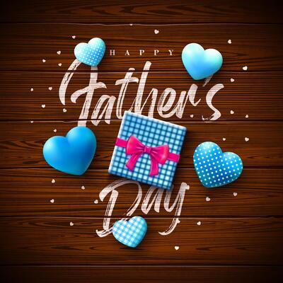 Happy Father's Day Greeting Card Design with Gift Box, Blue Heart and Typography Lettering on Vintage Wood Background. Celebration Illustration for Loved and Best Dad. Template for Banner, Post