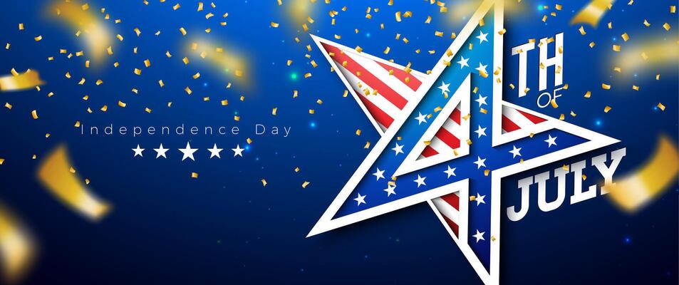 4th of July Independence Day of the USA Illustration with American Flag in Typography Letter and Falling Gold Confetti on Blue Background. Fourth of July National Celebration Design for Banner