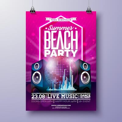 Summer Beach Party Flyer Design Template with Disco Ball, Speakers and Glowing Neon Light on Pink Background. Summer Music Celebration Holiday Illustration for Banner, Flyer, Invitation or