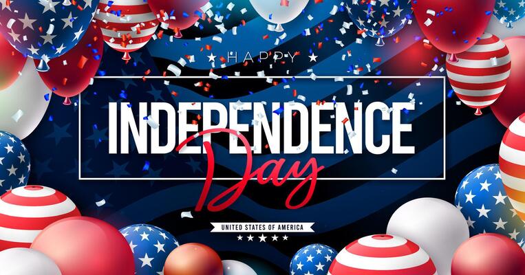 Fourth of July Independence Day Sale Banner Design with American Flag Pattern Party Balloon on Blue Background. 4th of July USA National Holiday Illustration with Typography Elements for Banner