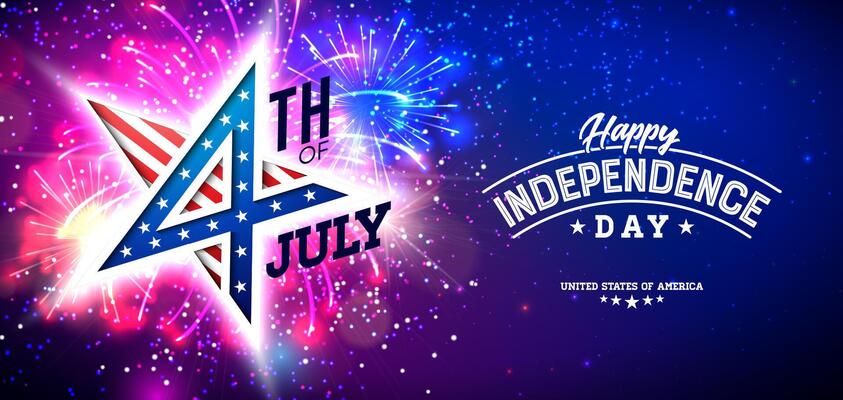 Independence Day of the USA 4th of July Banner Illustration with American Flag in Star Symbol and Shiny Fireworks on Night Sky Background. Fourth of July National Celebration Design with Typography