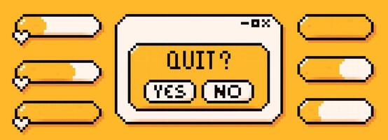 A set of energy lives line bars and dialog box drawn in pixel art style on yellow background. vector