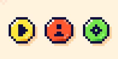 Three color pixel art icons. Play information and target. vector
