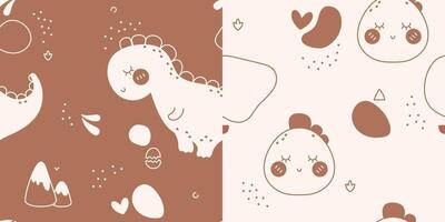 A set of cute kids seamless patterns featuring dinosaur, lines, mountains and spots. vector