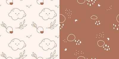 Gender neutral color repeating pictures with kawaii clouds and leaves lines and moon. vector