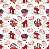 Seamless pattern with pancakes topped with syrup and berries, berry parfaits, and pink macarons on a white background vector
