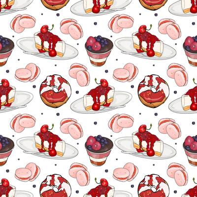 Seamless pattern with pancakes topped with syrup and berries, berry parfaits, and pink macarons on a white background