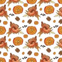 Seamless pattern with dried orange slices, cloves, cinnamon sticks, and autumn florals on a white background vector