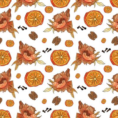 Seamless pattern with dried orange slices, cloves, cinnamon sticks, and autumn florals on a white background