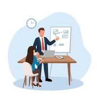 Flat illustration of business meeting. Man explaining data on board while woman takes notes. Perfect for teamwork, office, and corporate communication theme vector