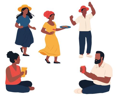 Group of African American people celebrating together. Festive scene of dancing, eating, and drinking perfect for Juneteenth, culture, and heritage theme