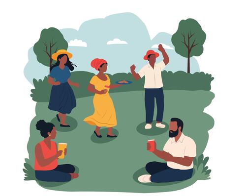A group of African American people celebrating together outdoors in a joyful and vibrant setting. Men and women are dancing, talking, and enjoying drinks on a sunny day in the park.