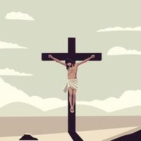 Flat illustration of Jesus Christ crucified on the cross under a cloudy sky. A symbolic representation of Christian faith, sacrifice, and Easter meaning vector