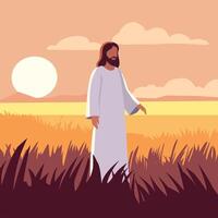 Flat illustration of Jesus Christ walking through a field during sunset. Peaceful and spiritual scene representing faith, guidance, and divine presence vector
