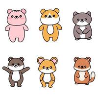 A cute collection of six cartoon animals, including bears, hamsters, and ferrets. Each character is drawn in a kawaii style with round shapes and bright colors vector