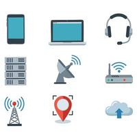 Set of flat design technology icons including smartphone, laptop, headset, server, satellite dish, Wi-Fi router, cell tower, GPS pin, and cloud upload. Modern icons for communication, internet, vector