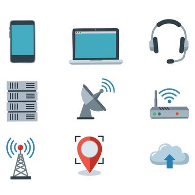 Set of flat design technology icons including smartphone, laptop, headset, server, satellite dish, Wi-Fi router, cell tower, GPS pin, and cloud upload. Modern icons for communication, internet,