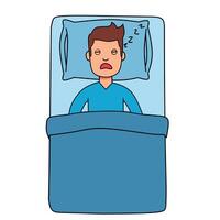 Cartoon man peacefully sleeping in bed with closed eyes. Relaxed expression and sleep symbols. Flat of healthy rest and deep sleep at nigh vector